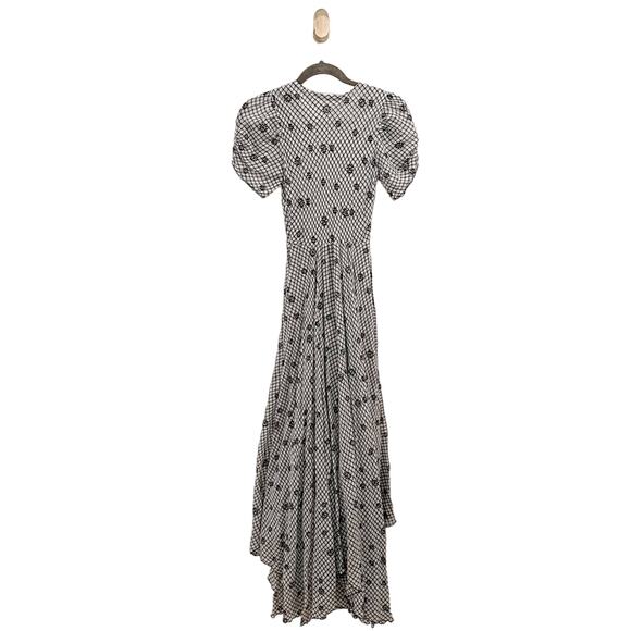 LoveShackFancy Coralie Puff Sleeve V Neck Midi Dress Charcoal Floral Plaid US 0 - Picture 8 of 12